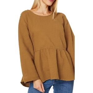 Madewell Top Women Small Brown Peplum Open Back Long Sleeve Cotton Blend